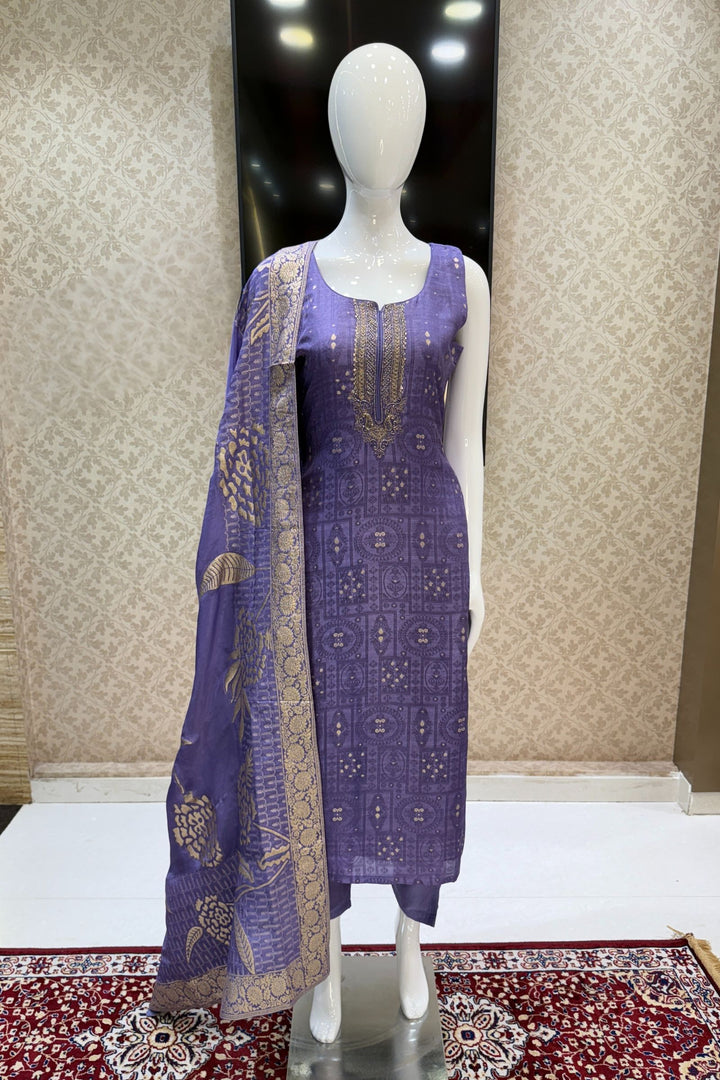 Lavender Beads, Sequins, Zardozi, Stone, Banaras and Jacquard work Straight Cut Salwar Suit