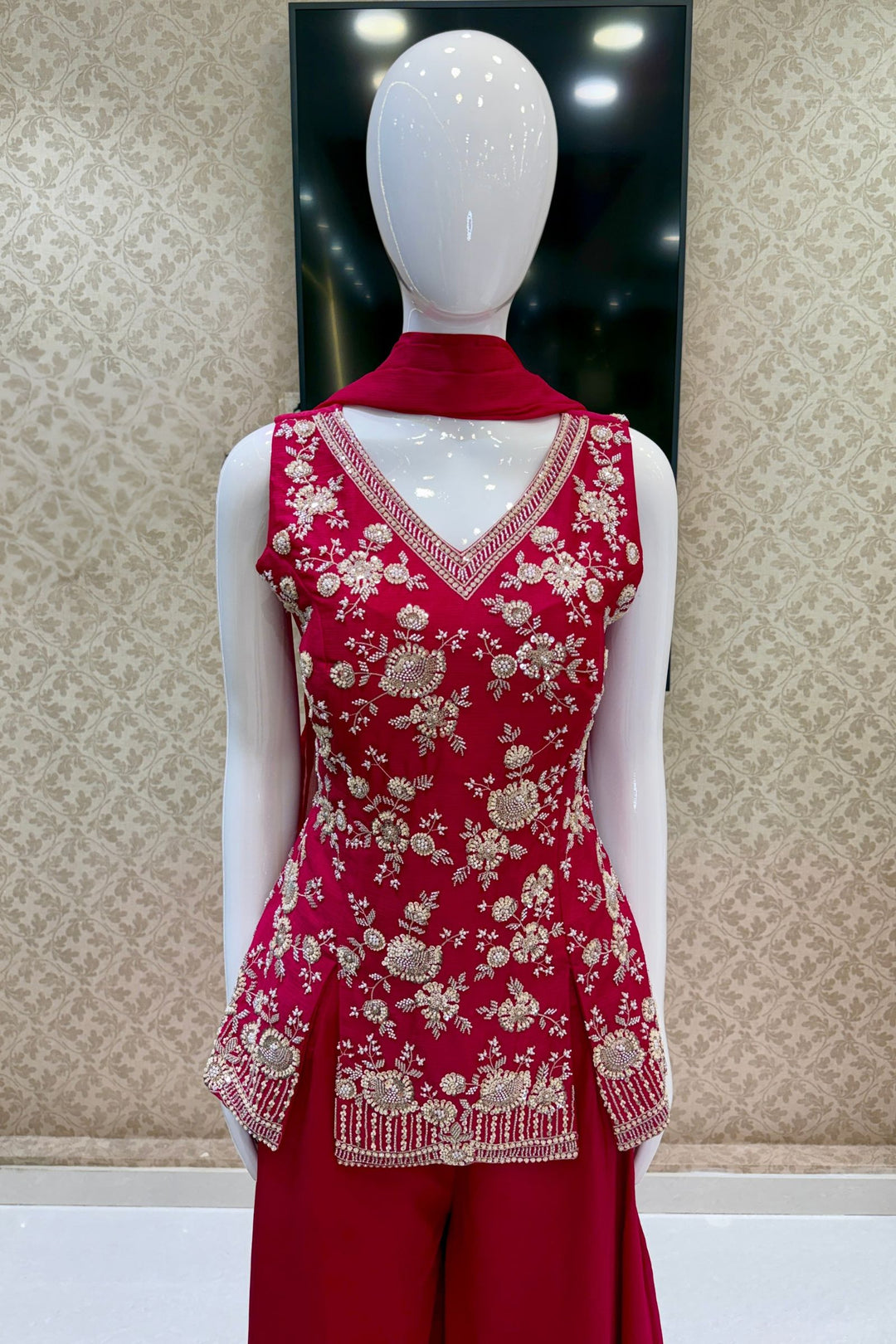 Rani Pink Beads, Zari and Sequins work Palazzo Salwar Suit