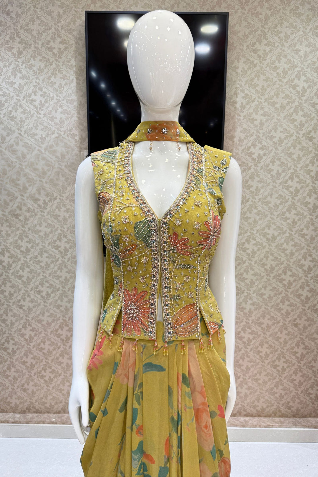 Lemon Green Indo-Western Styled Halter Neck Top and Cowl Skirt