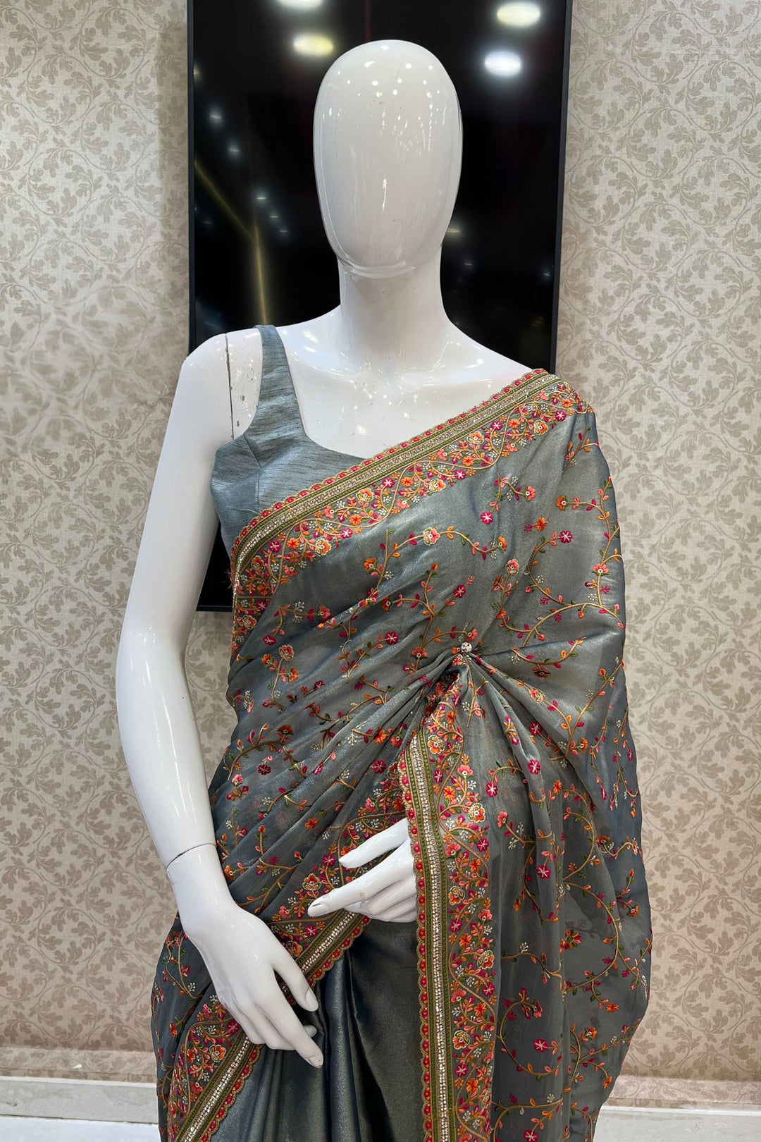 Grey Multicolor Embroidery, Sequins and Stone work Saree