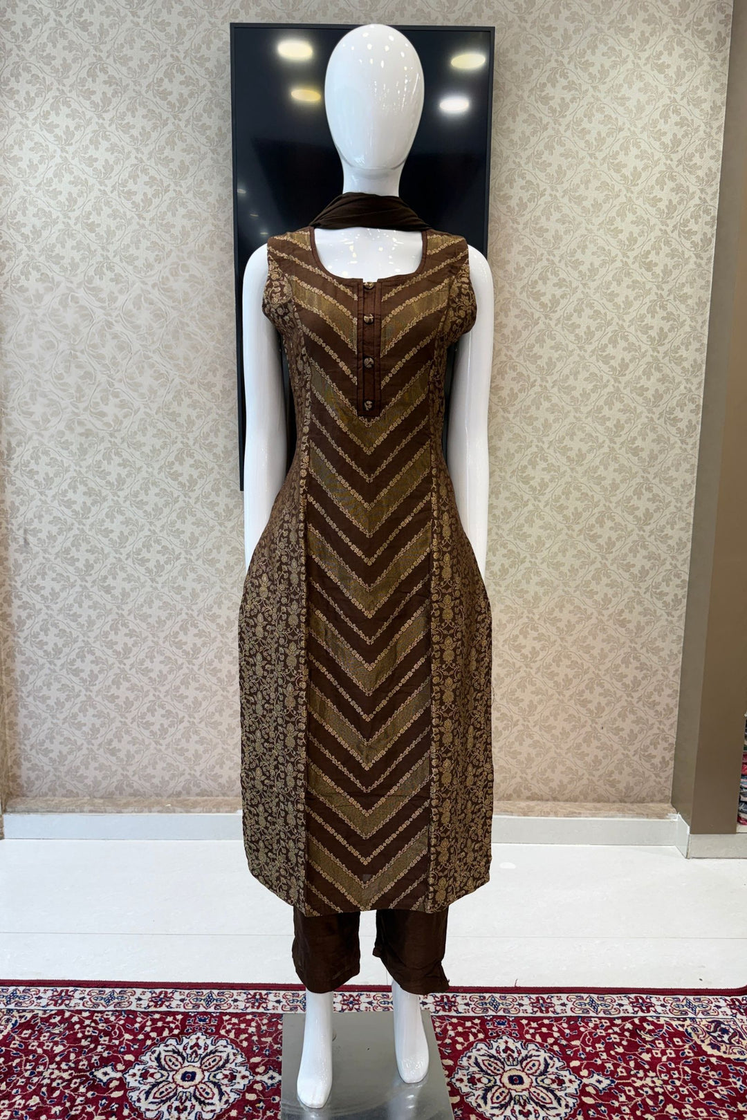 Brown Banaras work Straight Cut Salwar Suit