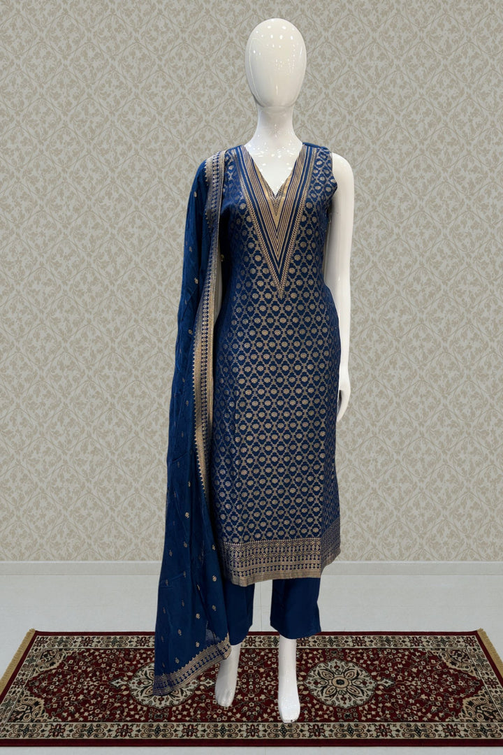 Teal Blue Banaras work V-Neck Straight Cut Salwar Suit