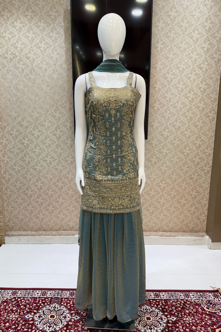 Sea Blue Stone, Beads, Mirror and Zari Thread work Palazzo Salwar Suit