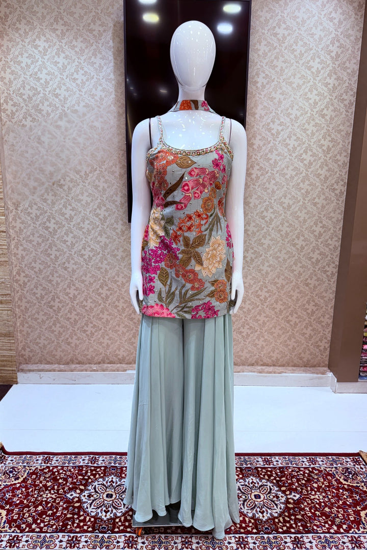 Aqua Blue Mirror, Sequins, Zari and Beads work with Floral Print Palazzo Salwar Suit