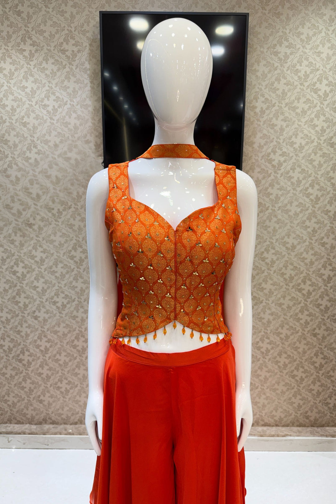 Orange Mirror, Stone and Banaras work Palazzo Suit Set