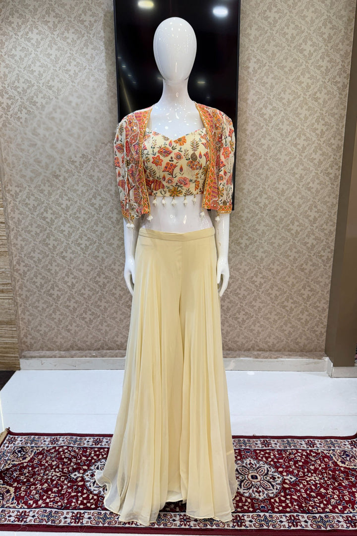 Cream Beads and Multicolor Thread work Crop Top with Overcoat Styled Palazzo Suit Set