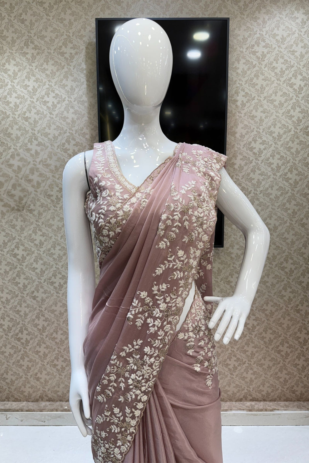 Onion Pink Embroidery, Zari and Sequins work Saree