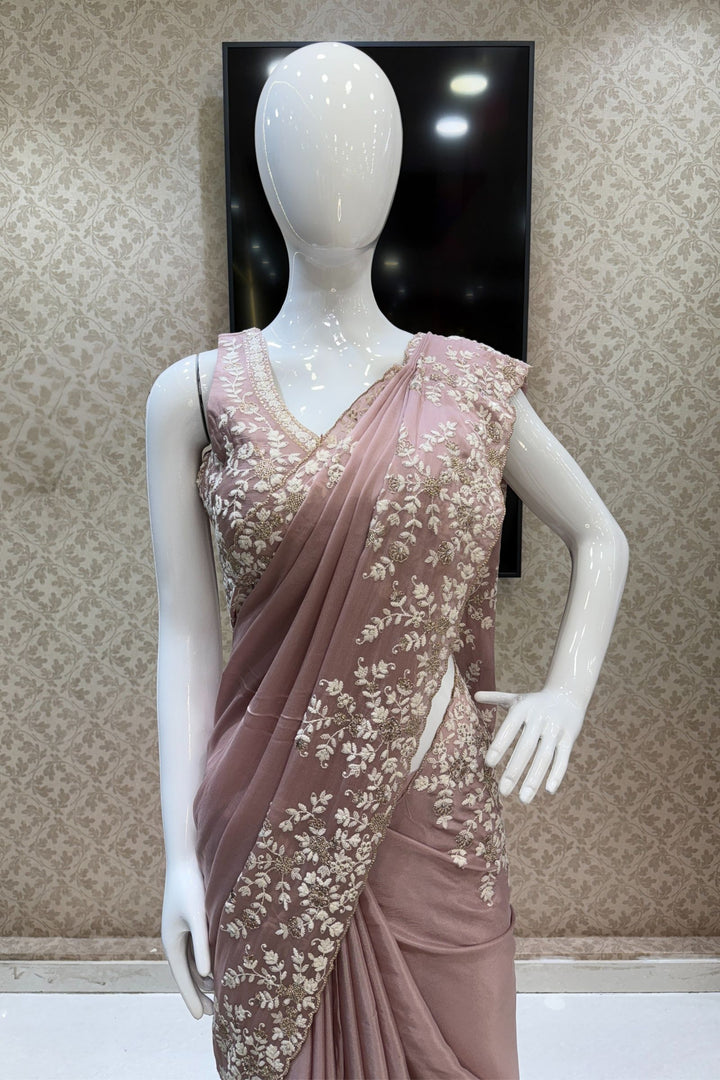 Onion Pink Embroidery, Zari and Sequins work Saree