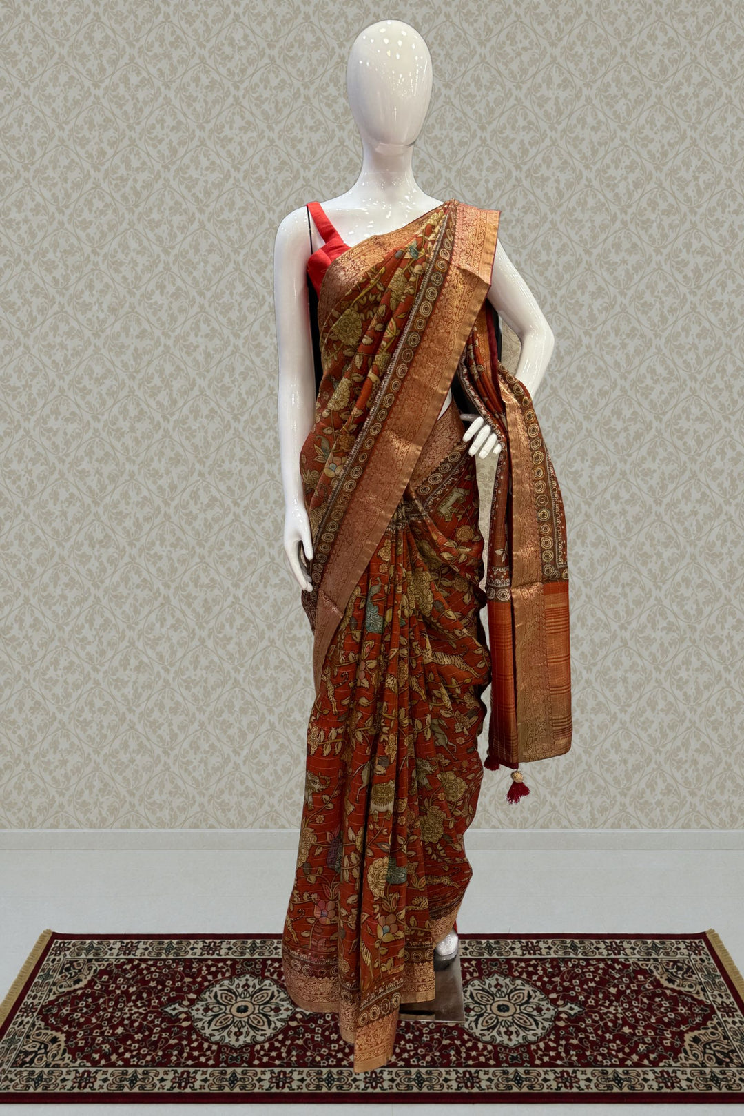 Rust Orange Saree with Traditional Kalamkari Prints and Banaras Zari Border