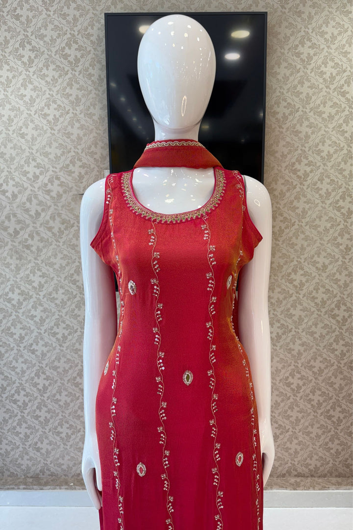 Rani Pink Zari, Stone, Sequins and Thread work Straight Cut Salwar Suit