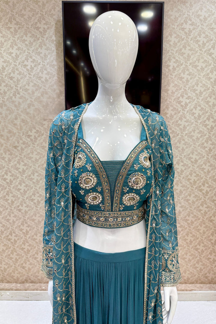 Green Mirror, Zardozi, Sequins and Beads work Overcoat Styled Palazzo Suit Set