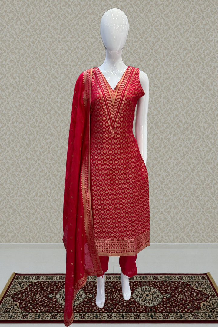 Red Banaras work V-Neck Straight Cut Salwar Suit