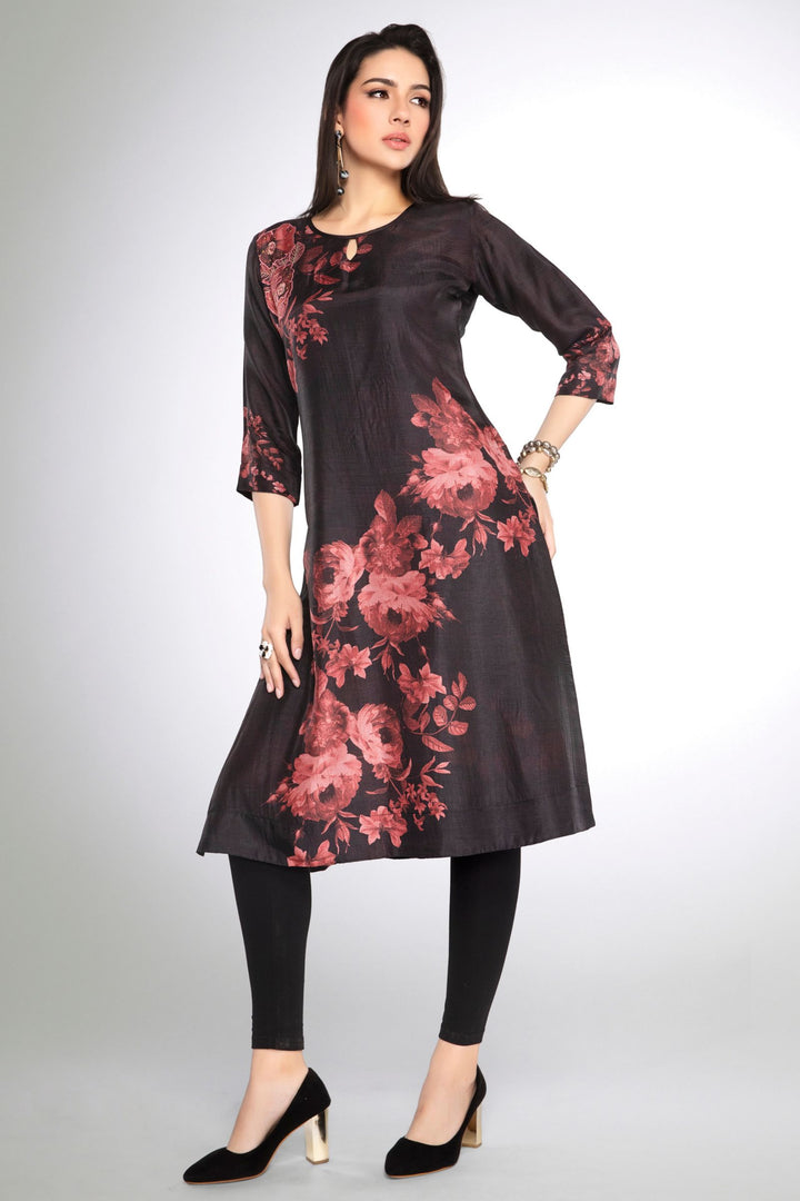 Black Stone, Mirror and Zari work with Floral Print A-line Cut Calf Length Kurti