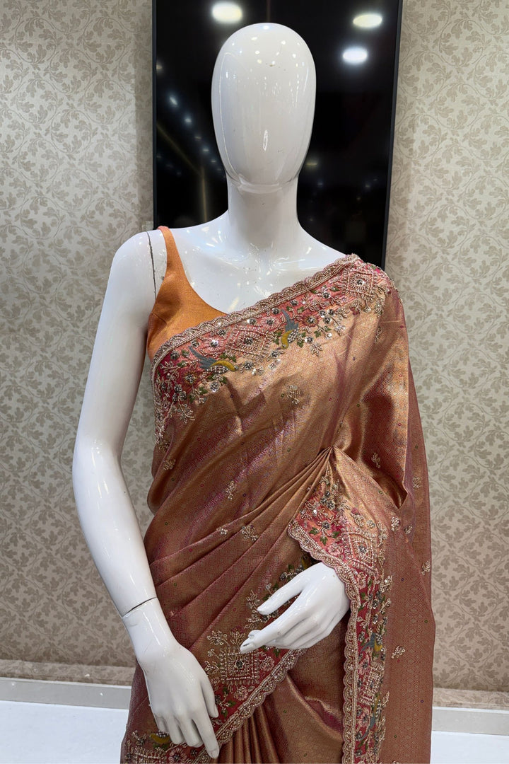 Copper Rose Gold Saree Featuring Banaras, Sequins and Beads work
