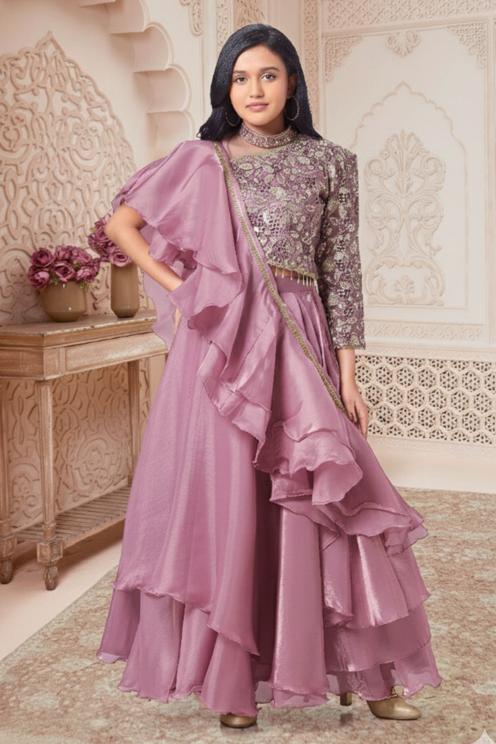 Lavender Embroidery, Sequins, Beads, Mirror, Zari and Stone work Lehenga Choli for Girls