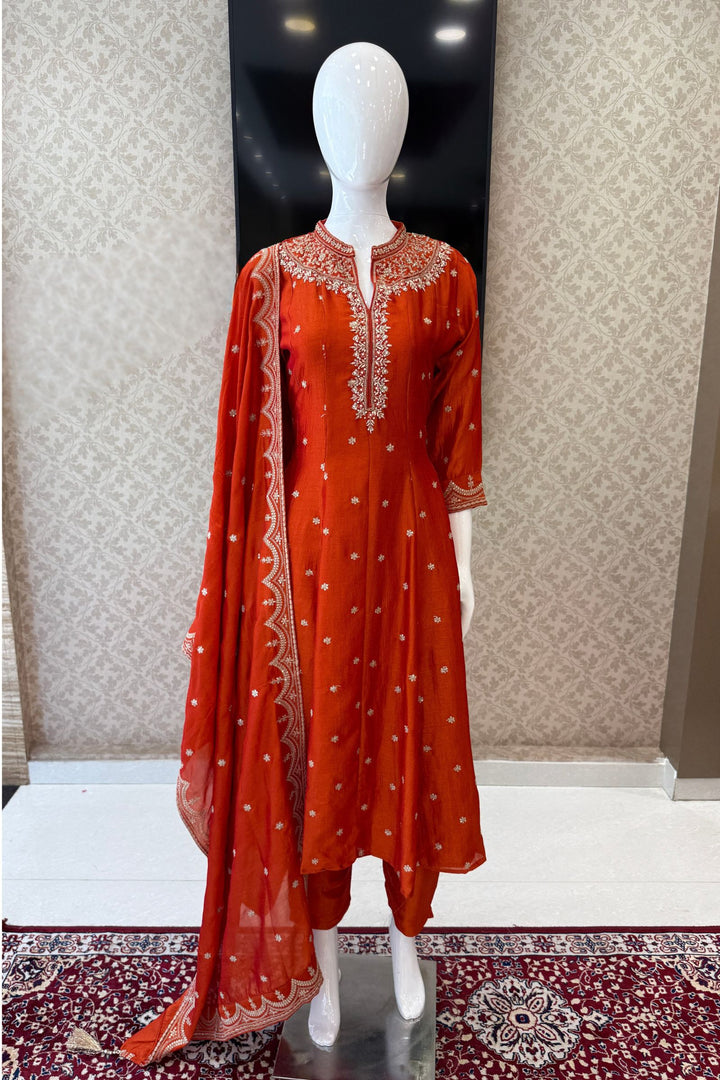 Orange Zari, Zardozi, Sequins and Stone work A-line Cut Salwar Suit