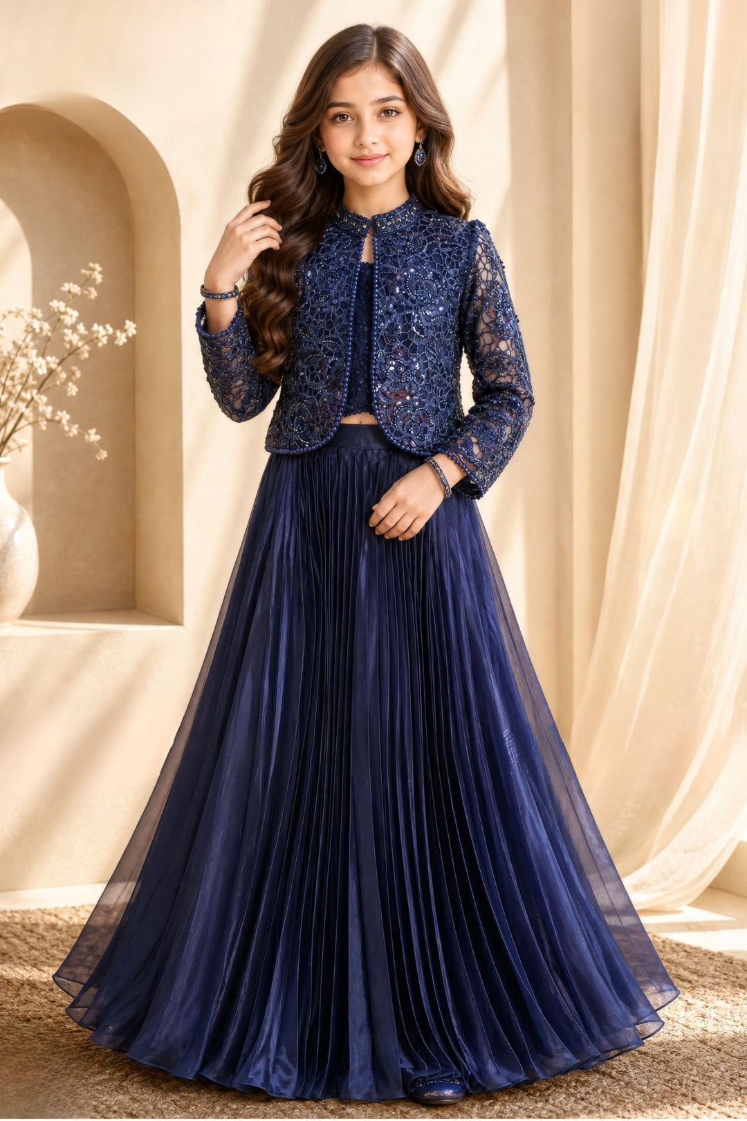 Navy Blue Sequins and Beads work Jacket Styled Lehenga Choli for Girls