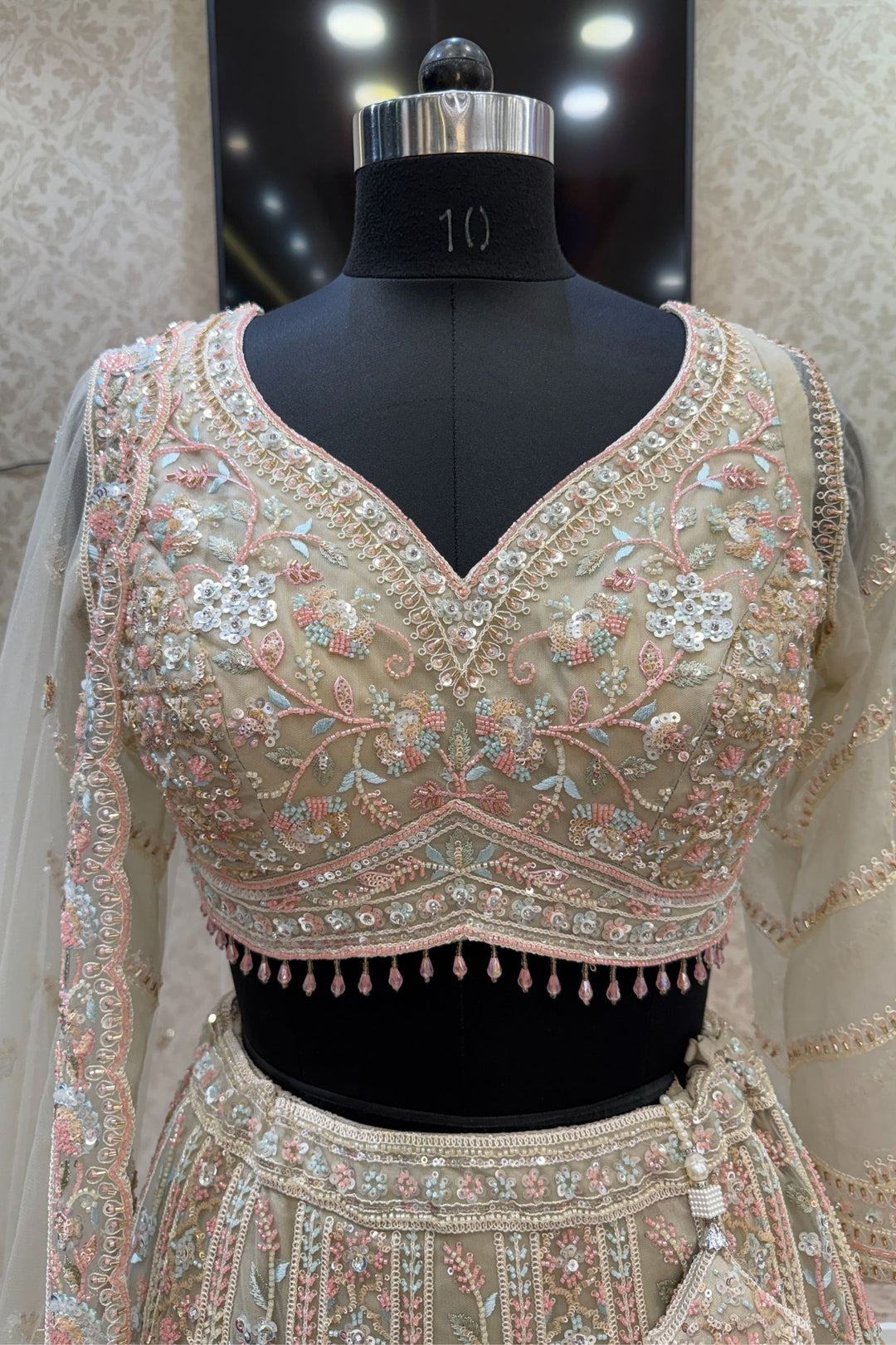 Beige Sequins, Beads and Zari Thread work Crop Top Designer Bridal Lehenga