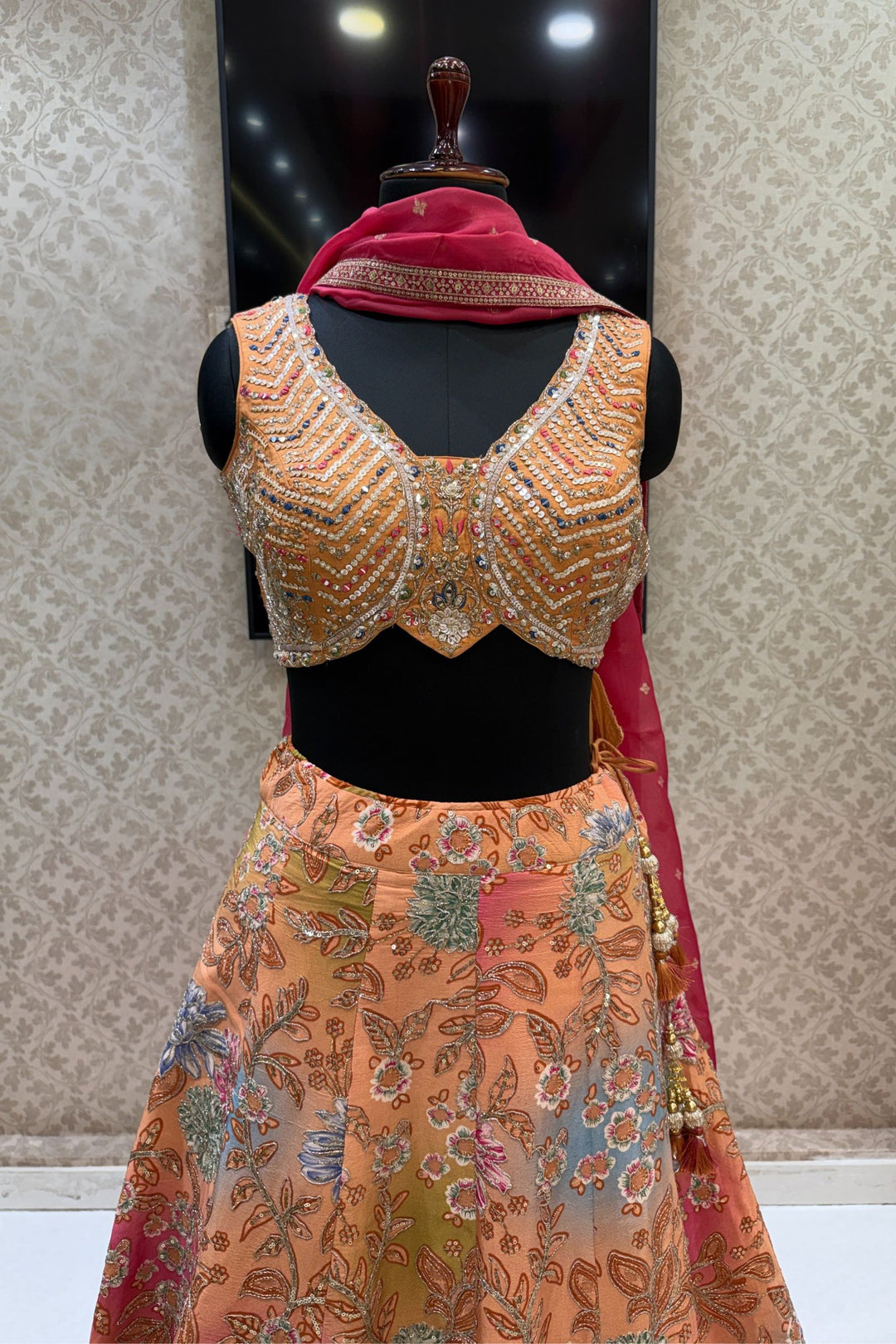 Peach Mirror, Beads, Zari and Sequins work with Floral Print Crop Top Lehenga