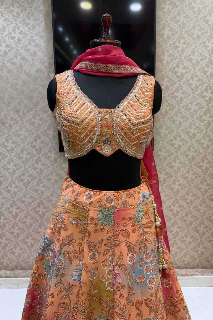 Peach Mirror, Beads, Zari and Sequins work with Floral Print Crop Top Lehenga
