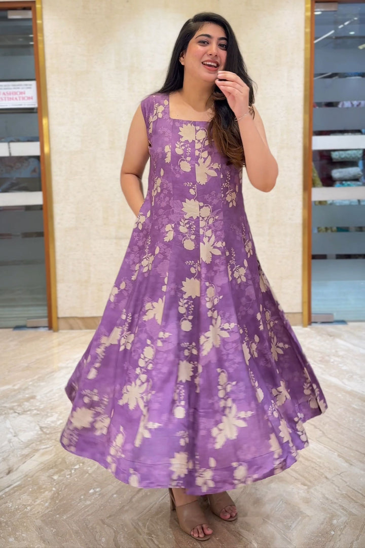 Lavender with Floral Print Anarkali Styled Kurti