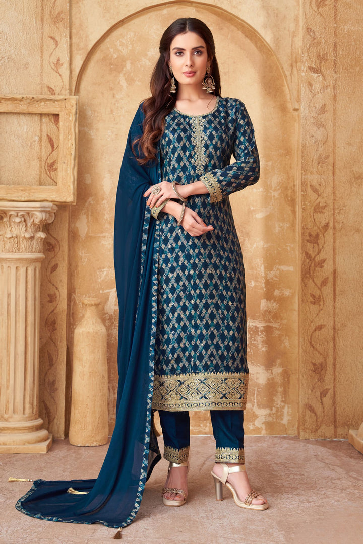 Indigo Blue Zardozi, Sequins and Thread work with Digital Print Straight Cut Salwar Suit