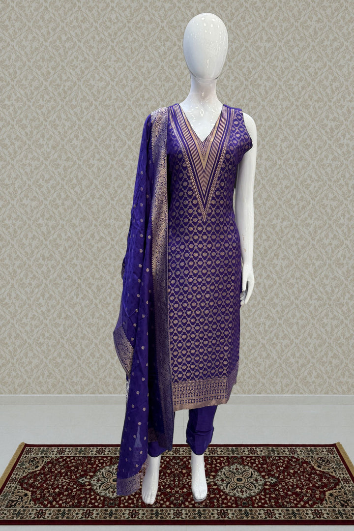 Purple Banaras work V-Neck Straight Cut Salwar Suit