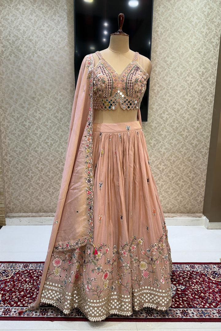 Light Peach Mirror, Sequins, Embroidery, Zardozi and Beads work Crop Top Lehenga