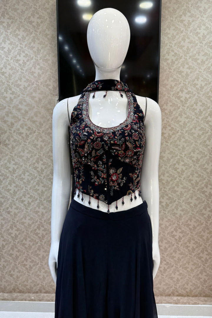 Navy Blue Beads, Sequins and Multicolor Embroidery work Palazzo Suit Set