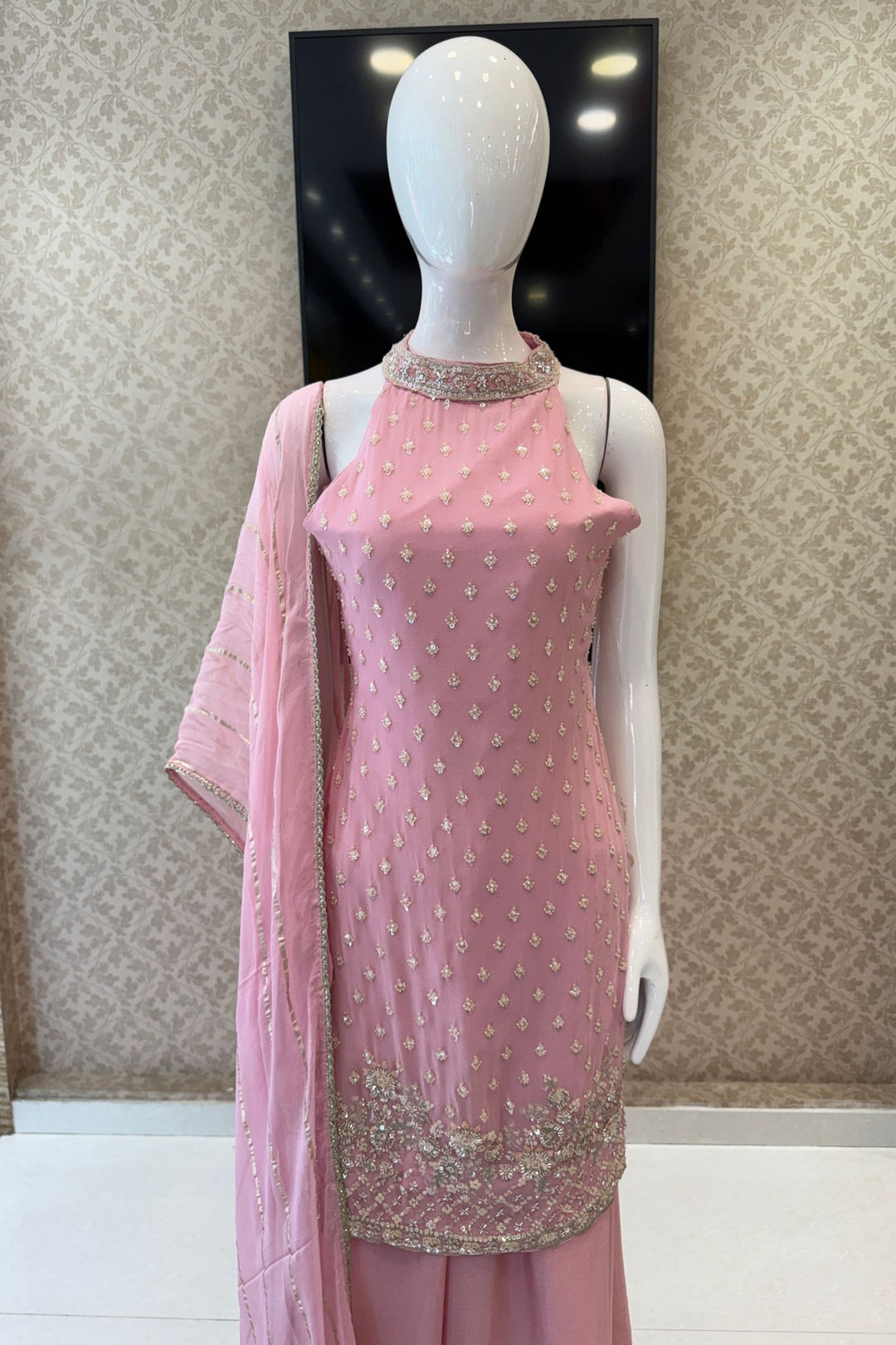 Light Pink Zari, Sequins and Beads work Palazzo Salwar Suit