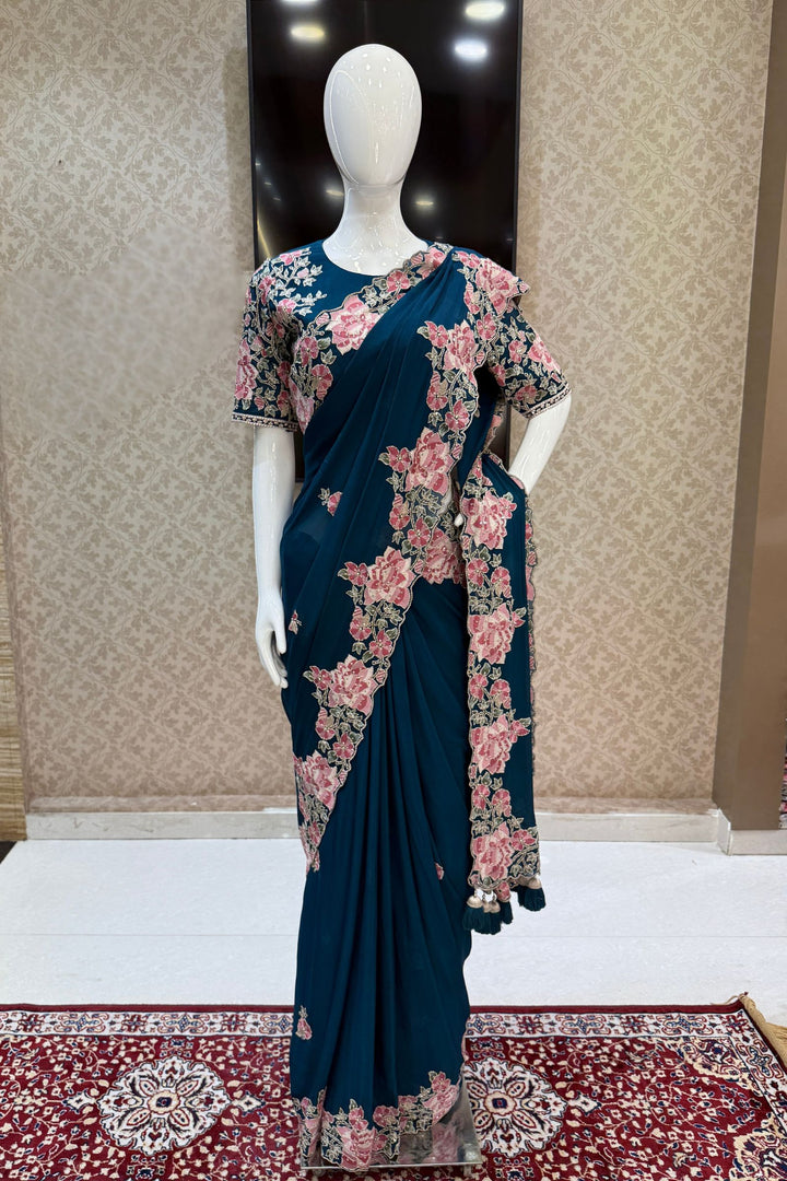 Peacock Green Embroidery, Sequins, Pearl and Zari work Saree