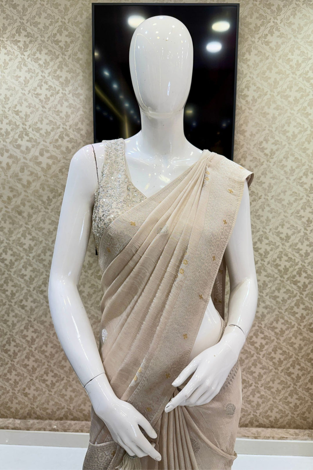 Light Beige Banaras Zari work Saree with Zari and Sequins work Readymade Blouse