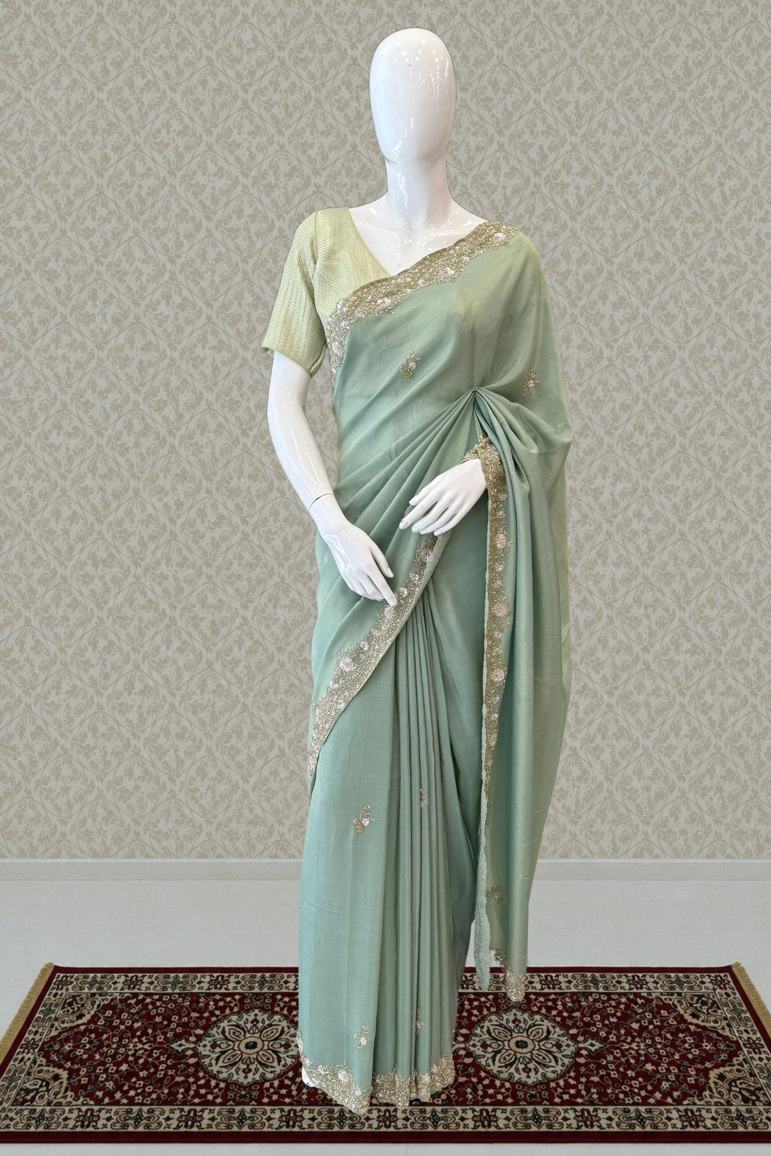 Light Pista Green Party Wear Saree with Sequins, Beads Border and Floral Motif Embroidery