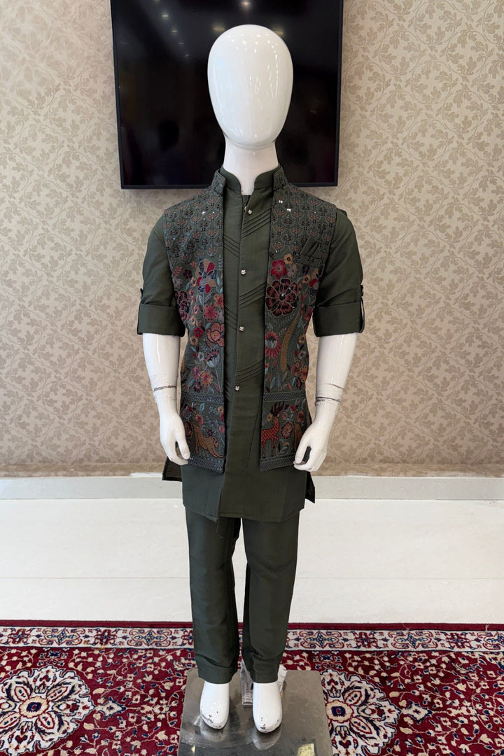 Green Multicolor Thread and Sequins work Waist Coat Kurta Set for Boys