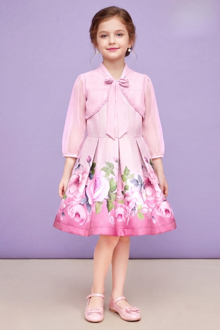 Light Pink Floral Print Jacket Styled Short Frock For Girls