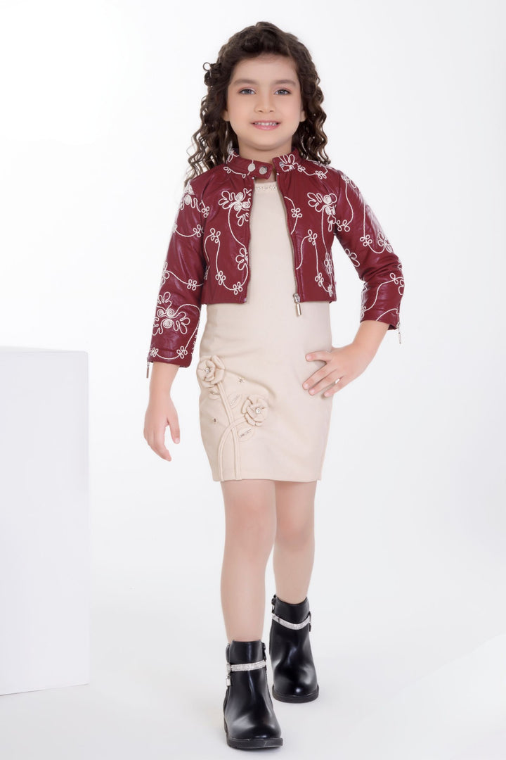 Maroon with Cream Thread work Jacket Styled Short Frock For Girls
