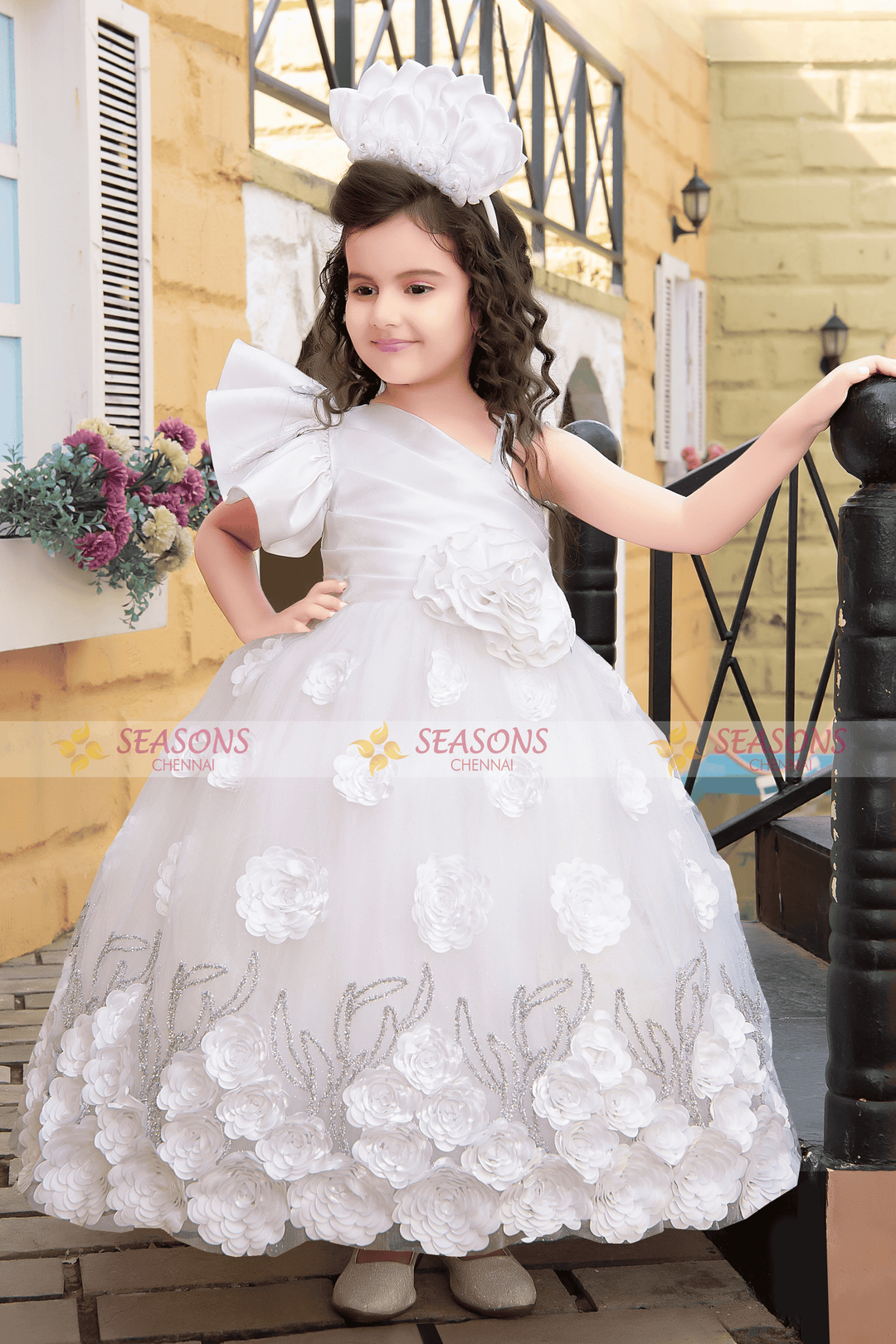 White Satin with Netted Long Party Frock for Girls Birthday