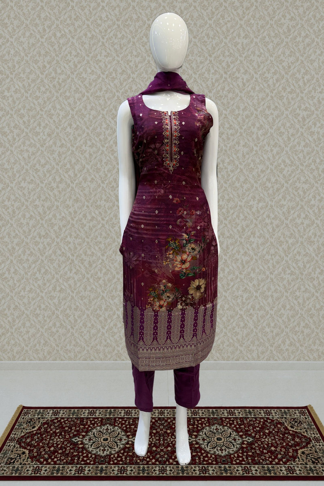 Wine Straight Cut Salwar Suit with Digital Print, Mirror, Zari and Banaras work