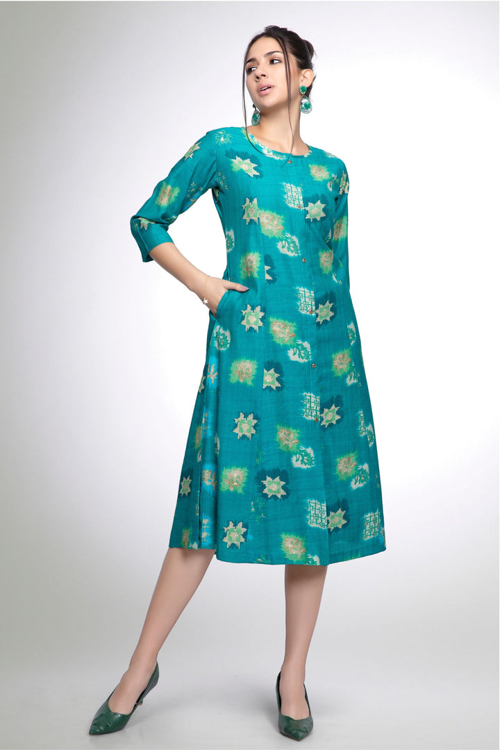 Rama Green Digital Print Aline Cut Calf Length Kurti