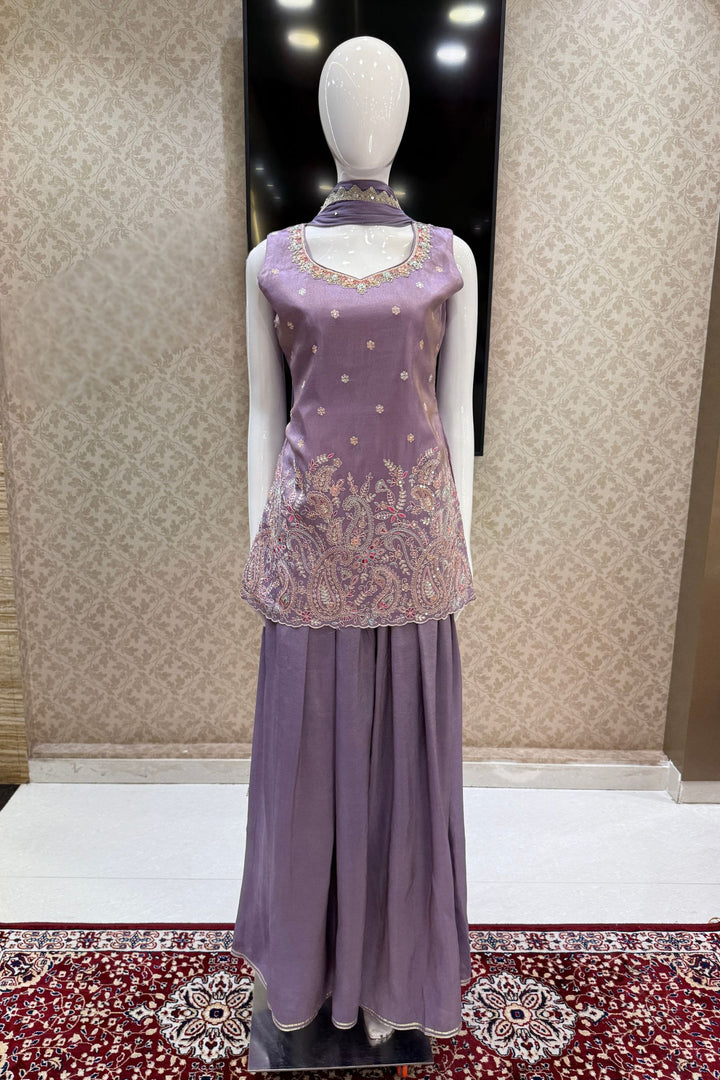 Lavender Thread, Beads, Sequins, Zardozi and Mirror work Palazzo Salwar Suit