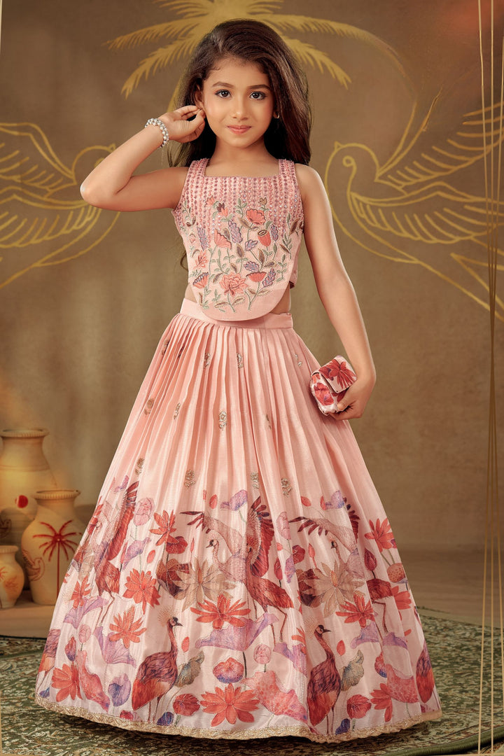 Light Peach Multicolor Embroidery work with Digital Print Lehenga Choli for Girls