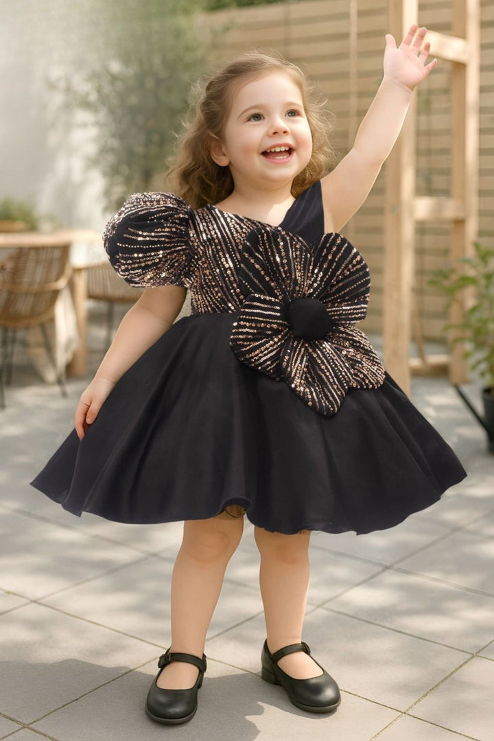 Black Sequins and Beads work Short Partywear Frock for Girls