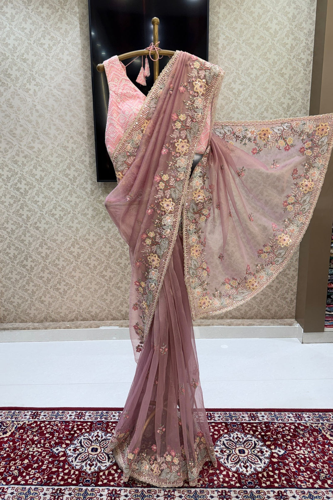 Dusty Pink Saree with Intricate Sequins, Thread, Zari and Beads work