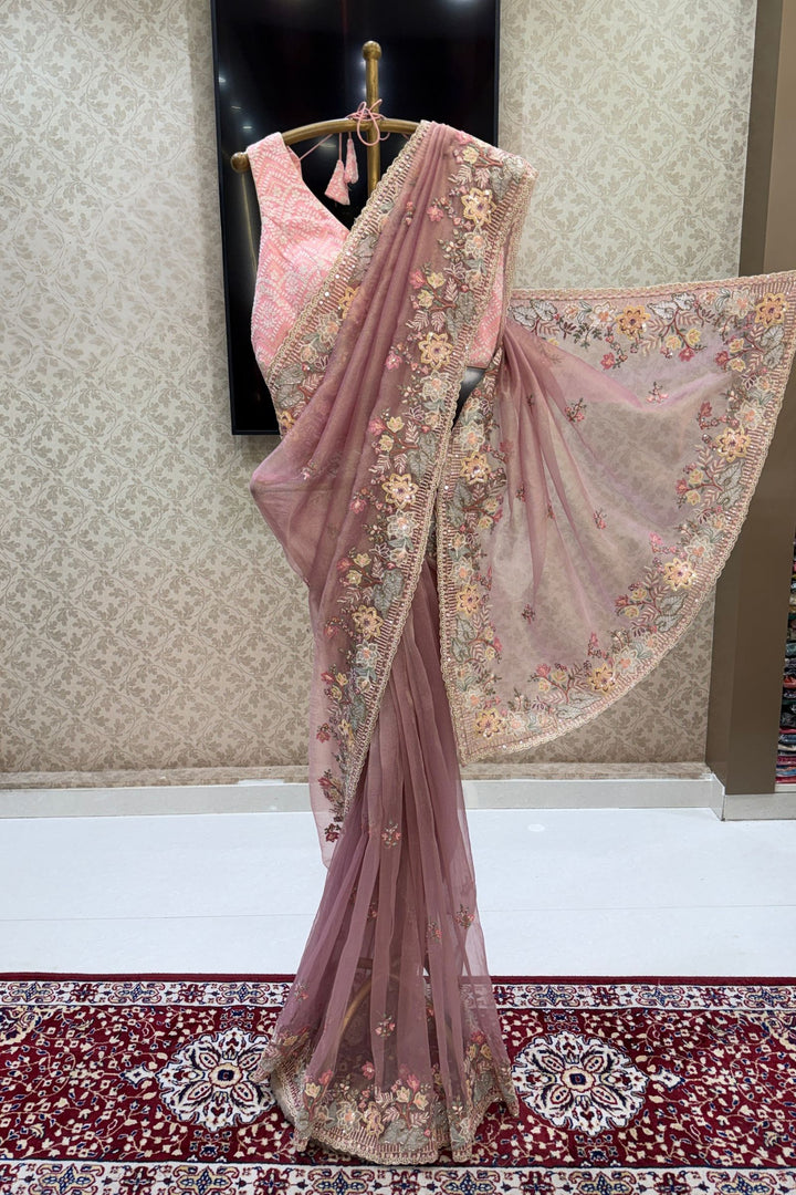 Dusty Pink Saree with Intricate Sequins, Thread, Zari and Beads work