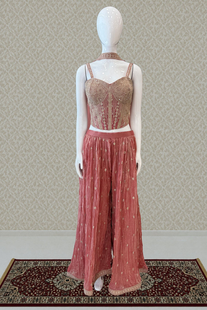 Peach Zari Thread, Mirror and Stone work Palazzo Set with Corset Top
