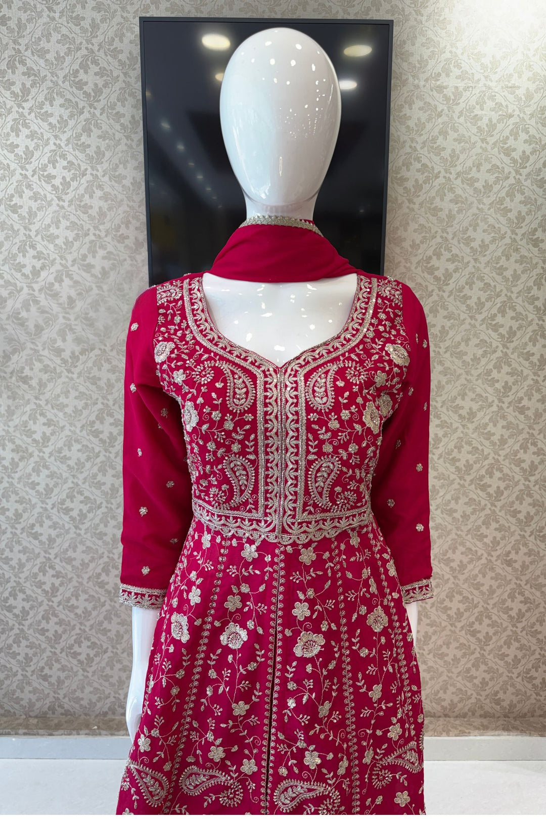 Rani Pink Zari, Sequins and Beads work Mastani Styled Palazzo Suit