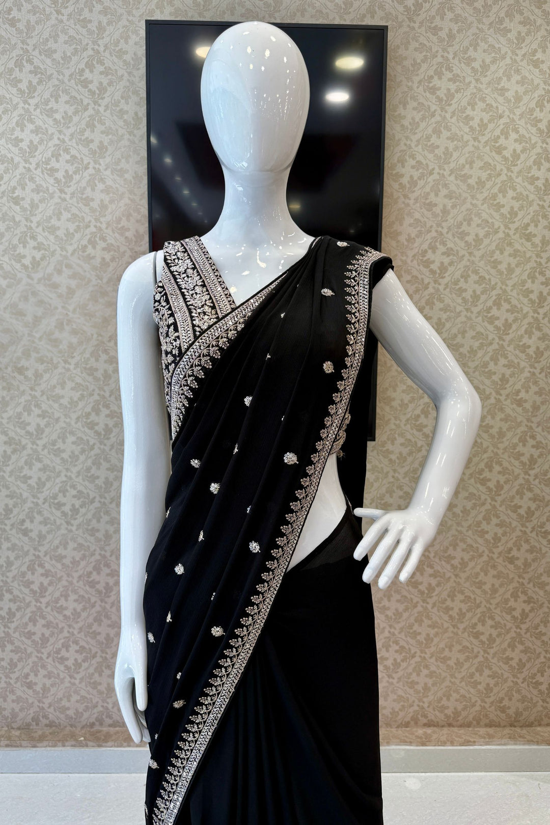 Black Pink Zari and Sequins work Saree