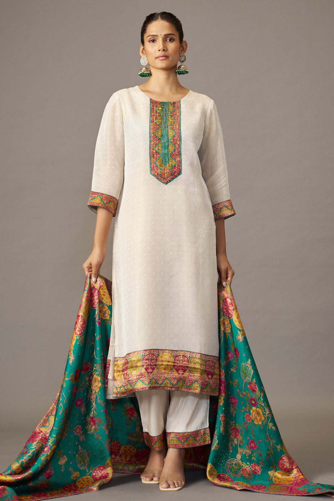 Half White Multicolor Banaras, Sequins and Beads work Straight Cut Salwar Suit