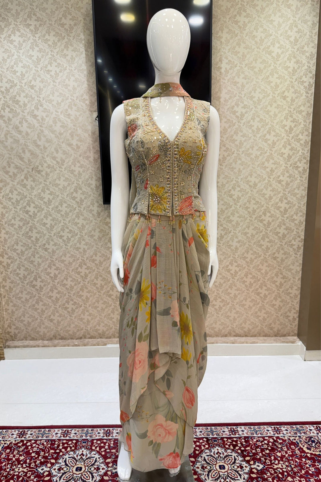 Grey Indo-Western Styled Halter Neck Top and Cowl Skirt