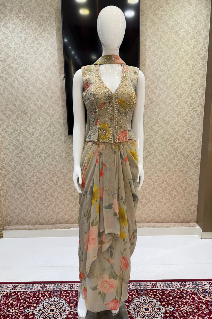 Grey Indo-Western Styled Halter Neck Top and Cowl Skirt